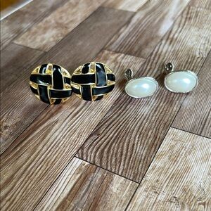 Gold and Black Woven Earrings with Pearl Studs